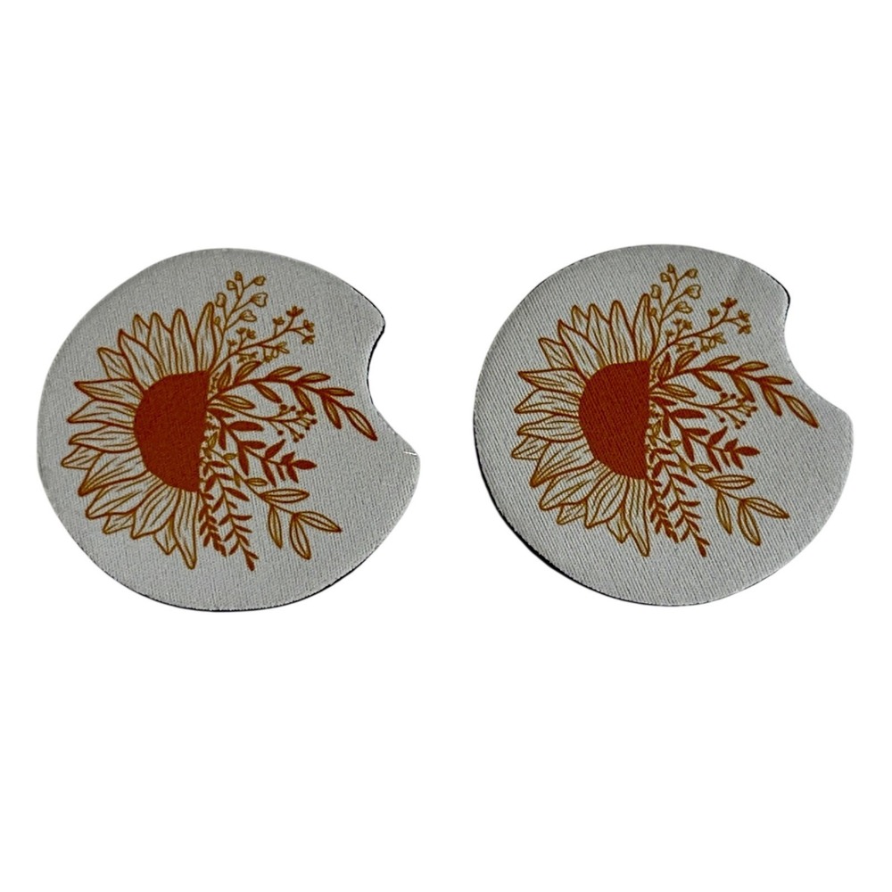 Handcrafted Sunflower Floral Car Coaster Set 2pc Boho‎ Botanical Non-Slip White